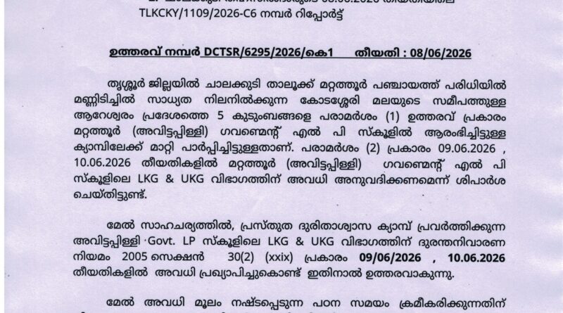 അവിട്ടപ്പിള്ളി ഗവ. എൽപി സ്കൂളിലെ എൽകെജി, യുകെജി വിഭാഗത്തിന് അവധി